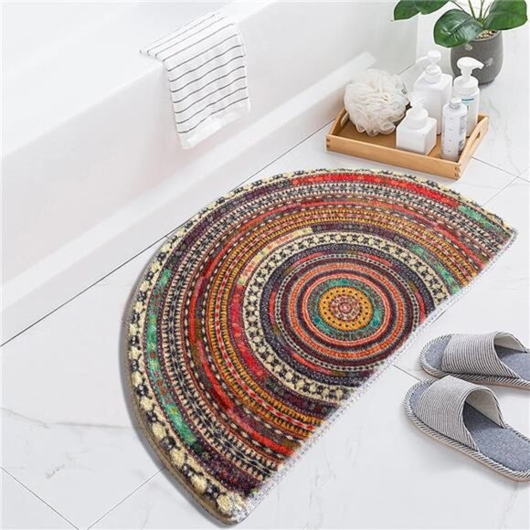 Half Round Door Mat,Semi Circle Bathroom Floor Rug,Mandala Boho Bohemian - Picture 2 of 6